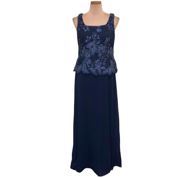 NWT Alex Evenings Formal Dress Size 8 Navy Blue Silver Floral Embroidered Gown - Picture 1 of 12